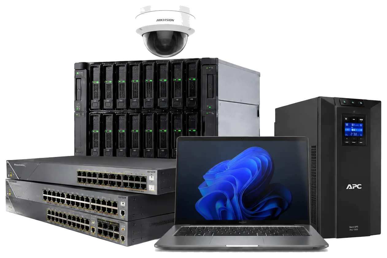 Enterprise ICT hardware including servers, switches, laptop, CCTV camera, and UPS